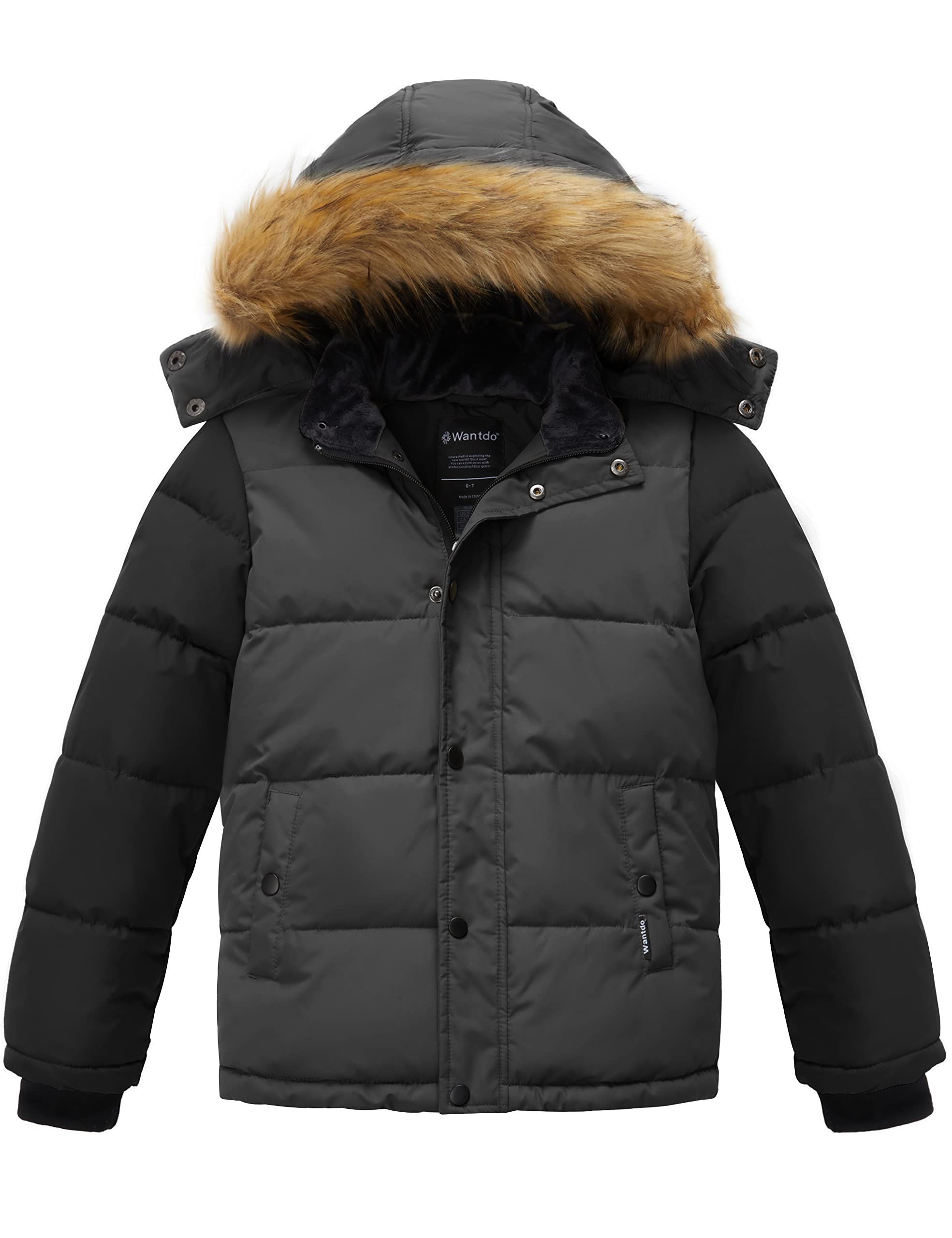 wantdo Boys' Winter Coat Warm Puffer Coat Waterproof Winter Jacket with Faux Fur Hood
