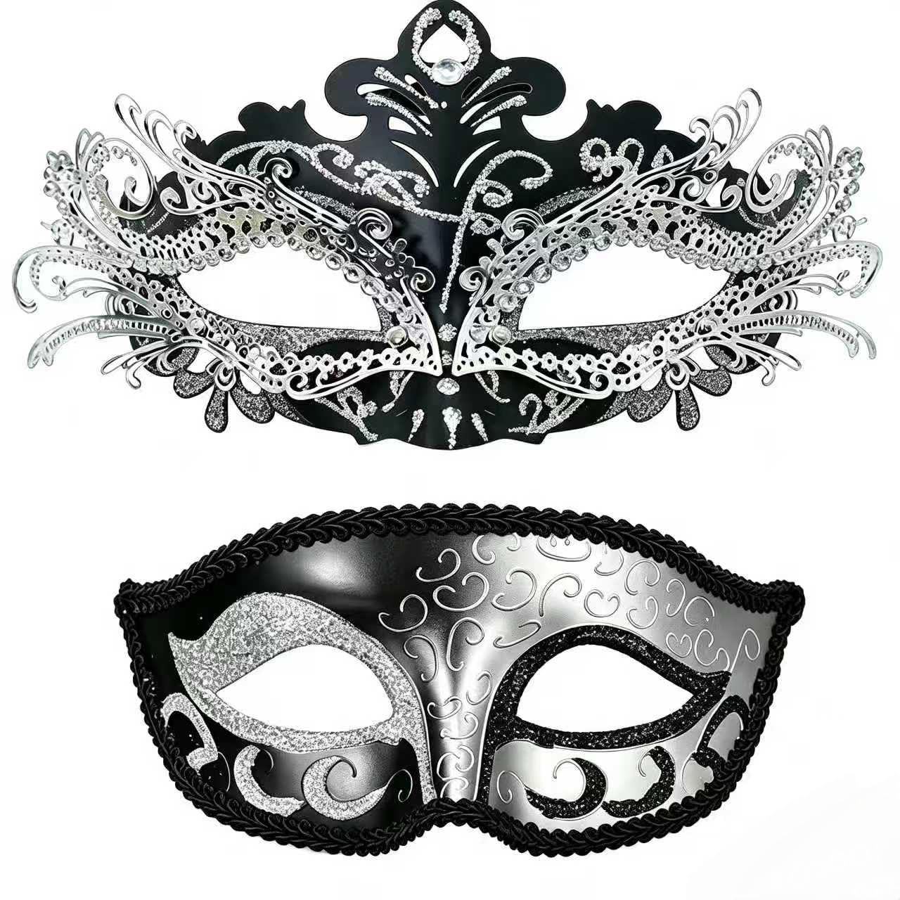 MZinge Masquerade Mask for Men Women, CouplesShiny Rhinestone Metal Filigree Venetian Mask Set for Ball Party,Halloween，Mardi Gras,New Year Party，Eye Mask Costume (Black silver)