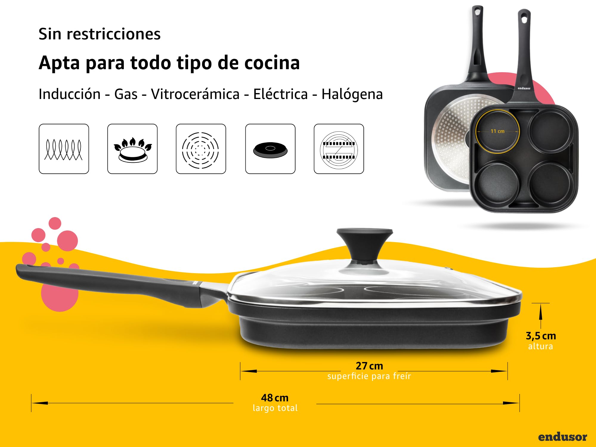 endusor Sartén para Huevo frito y Tortitas con Tapa | Sarten de 27 cm con 4 hoyos y protección antiadherente | Todo Tipo de Cocinas e Inducción | Sartén divida para Huevos fritos Panquecas Crepes