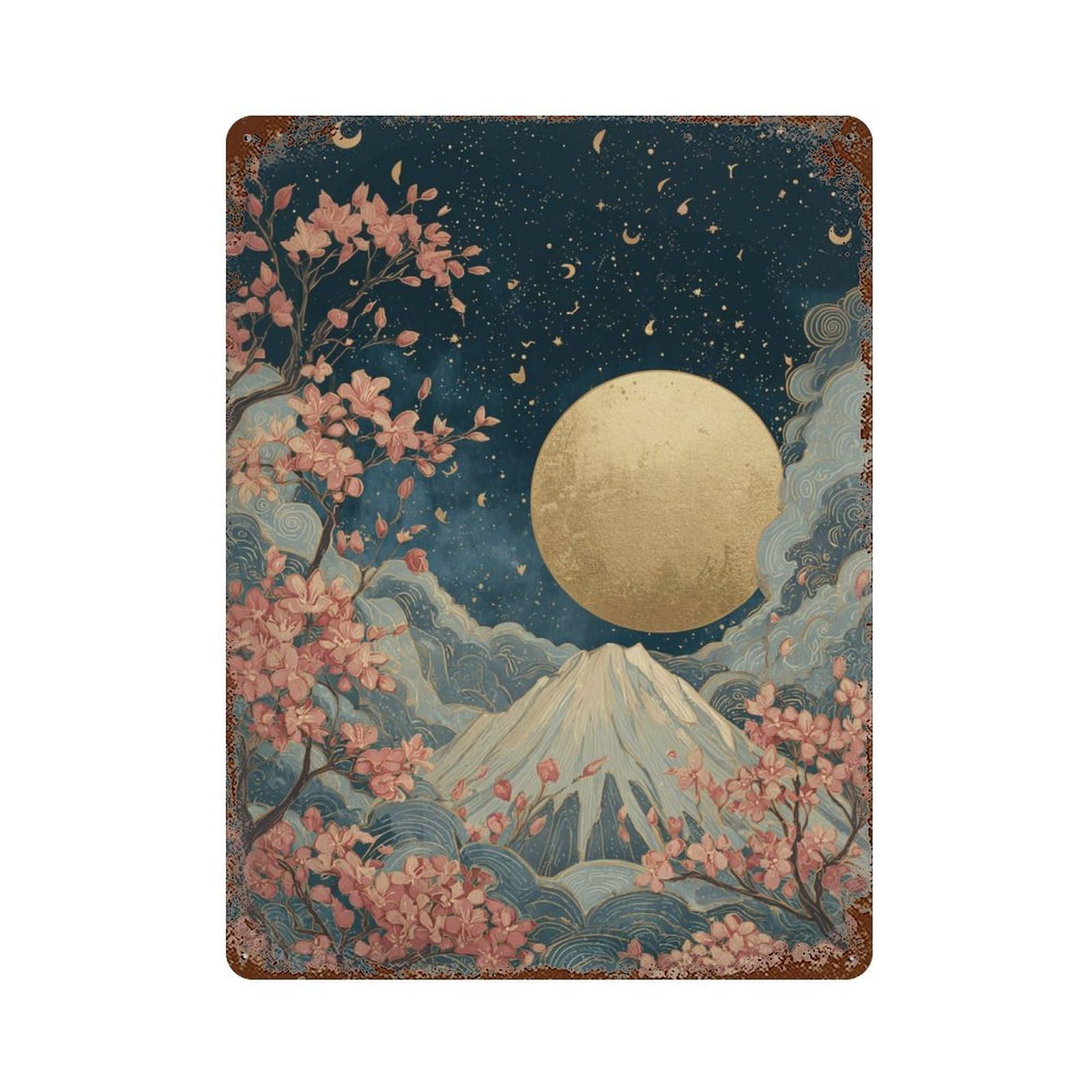 Rust Effect Cherry Blossom Moonlit Mountain Rusty Metal Tin Sign 15.7"x11.8", Industrial Home Decor for Living Room, Hallway And Home Decor