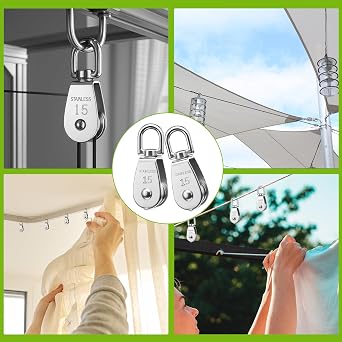 Single Pulley Block 304 Stainless Steel Single Wheel Wire Towing Wheel 360 Degrees Swivel Pulley Hook Pulley Roller Smooth Lifting & Towing Solution for Garage, Garden, Boat, Home Use