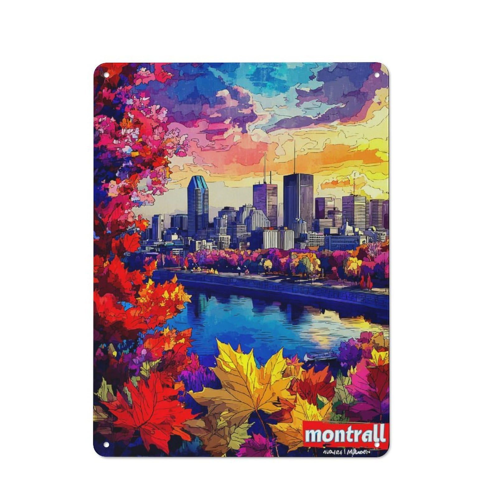 Junmoney Autumn Colors In Montréal Skyline -2 Printed Metal Sign 40X30cm For Hobby Room Or Studio, Gift Idea At Christmas For Creative Interior Collectors