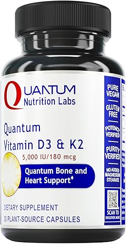 Quantum Nutrition Labs Suplemento de vitamina D3 y K2, apoyo para la salud ósea y cardíaca para mujeres y hombres, 5000 UI, vitaminas veganas,