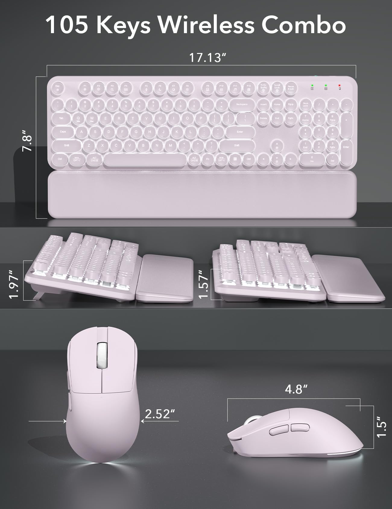 Tastiera e mouse wireless retroilluminati - Macchina da scrivere, poggiapolsi magnetico | Tasti rotondi retrò, lettere illuminate, combo cordless da 2,4 GHz per Mac, Windows, PC, laptop, Trueque CK23Pro [aggiornato]