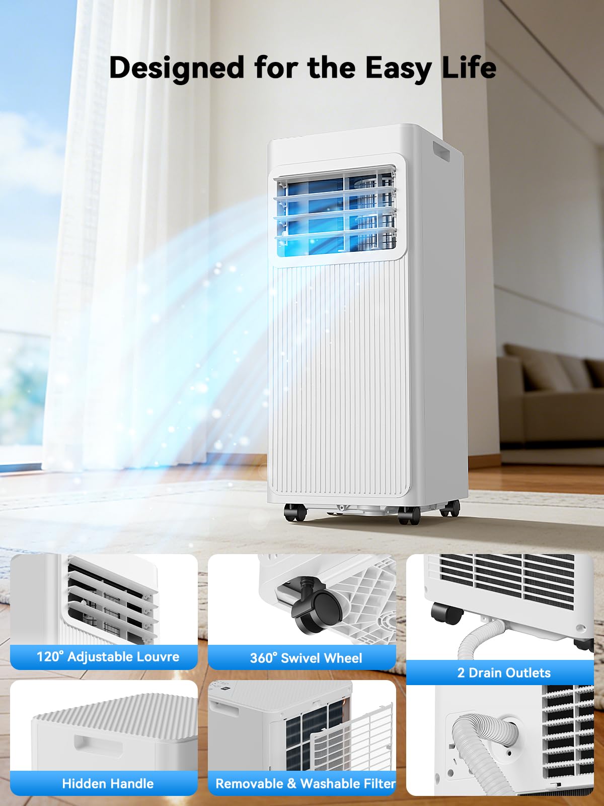 Mobiles Klimagerät 7000 BTU, 4-in-1 Mobile Klimaanlage mit Abluftschlauch & 4m Fensterabdichtung, Ohne Bohren (für Kipp- & Dachfenster), Kühlen & Entfeuchten für Räume bis 25m², Alpinweiß