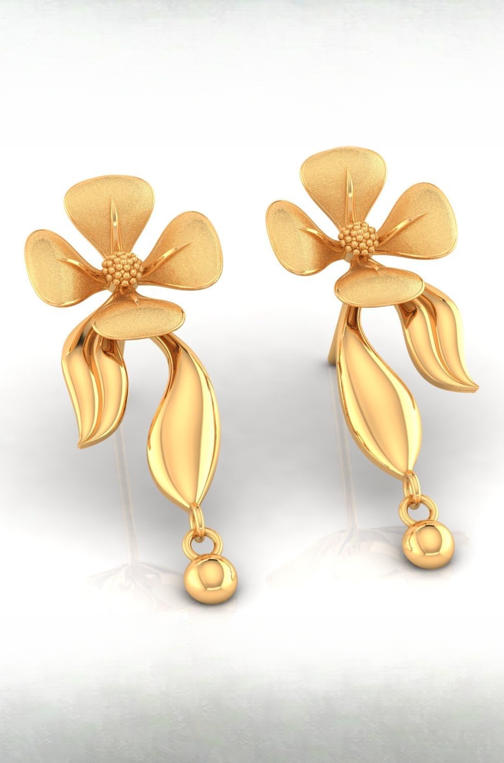P.C. Chandra Jewellers Womens 22KT (916) Yellow Gold Dangle Drop Earrings With Flower Motif And Playful Ball Drop - 1.1 Grams