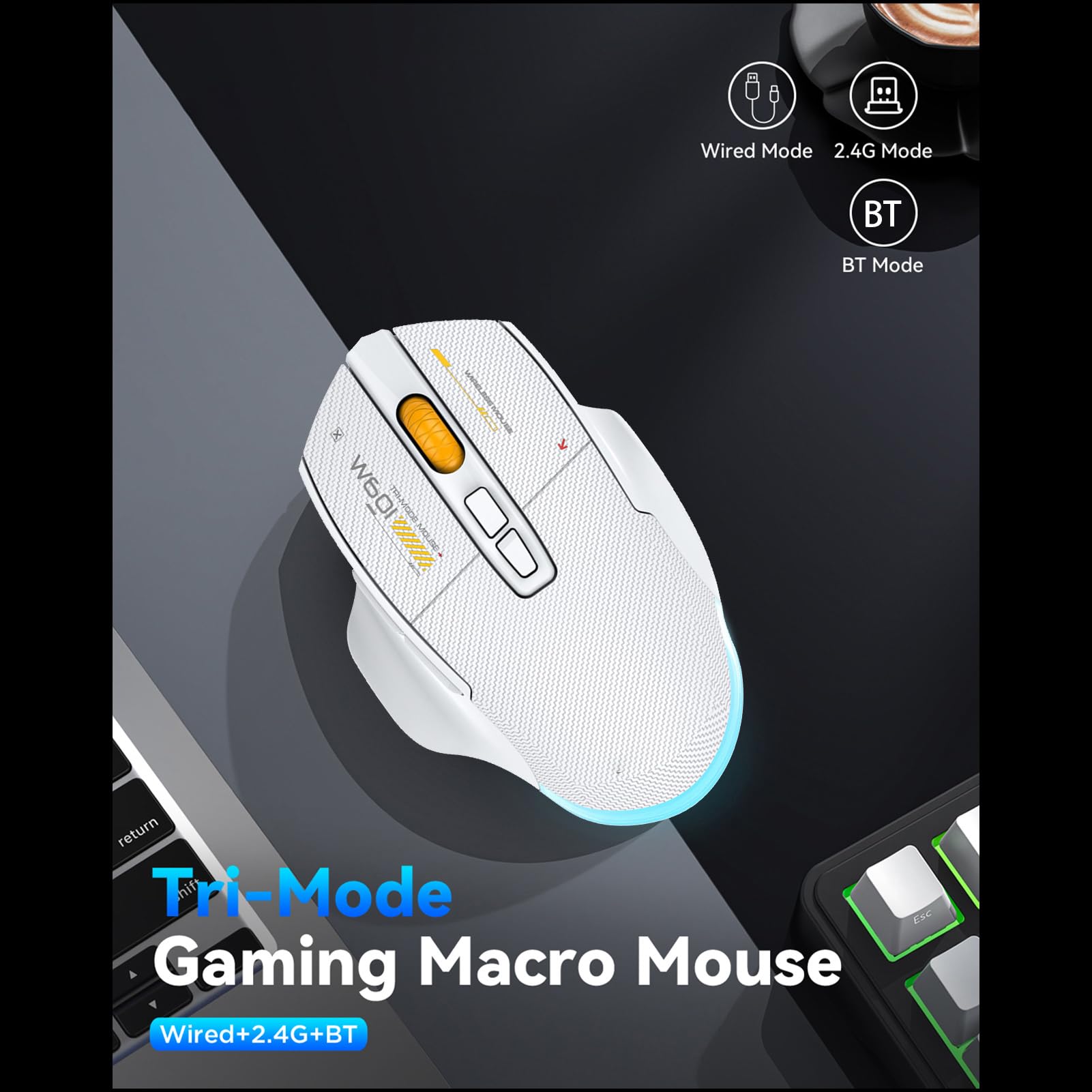 Fockety Mouse da Gioco Wireless, Mouse da Gioco Ergonomici per Computer con connettività a 3 modalità, Luci RGB Personalizzabili e 7 Pulsanti Programmabili (WHITE)