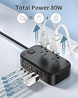 Vista 4 de Regleta de alimentación con puertos USB C, estación de carga USB C de 30 W con 2 tomacorrientes, 3 USB C y 2 USB A, cargador de viaje para múltiples