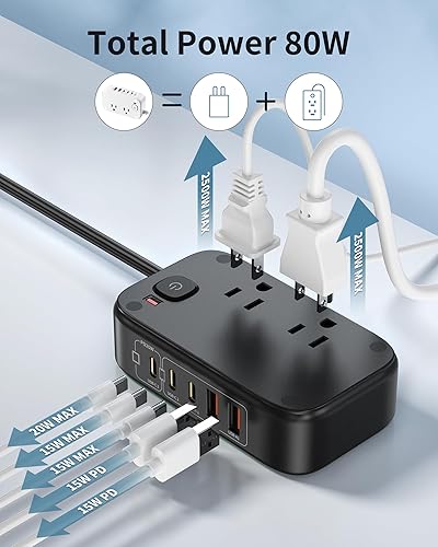 Miniatura 4 de Regleta de alimentación con puertos USB C, estación de carga USB C de 30 W con 2 tomacorrientes, 3 USB C y 2 USB A, cargador de viaje para múltiples