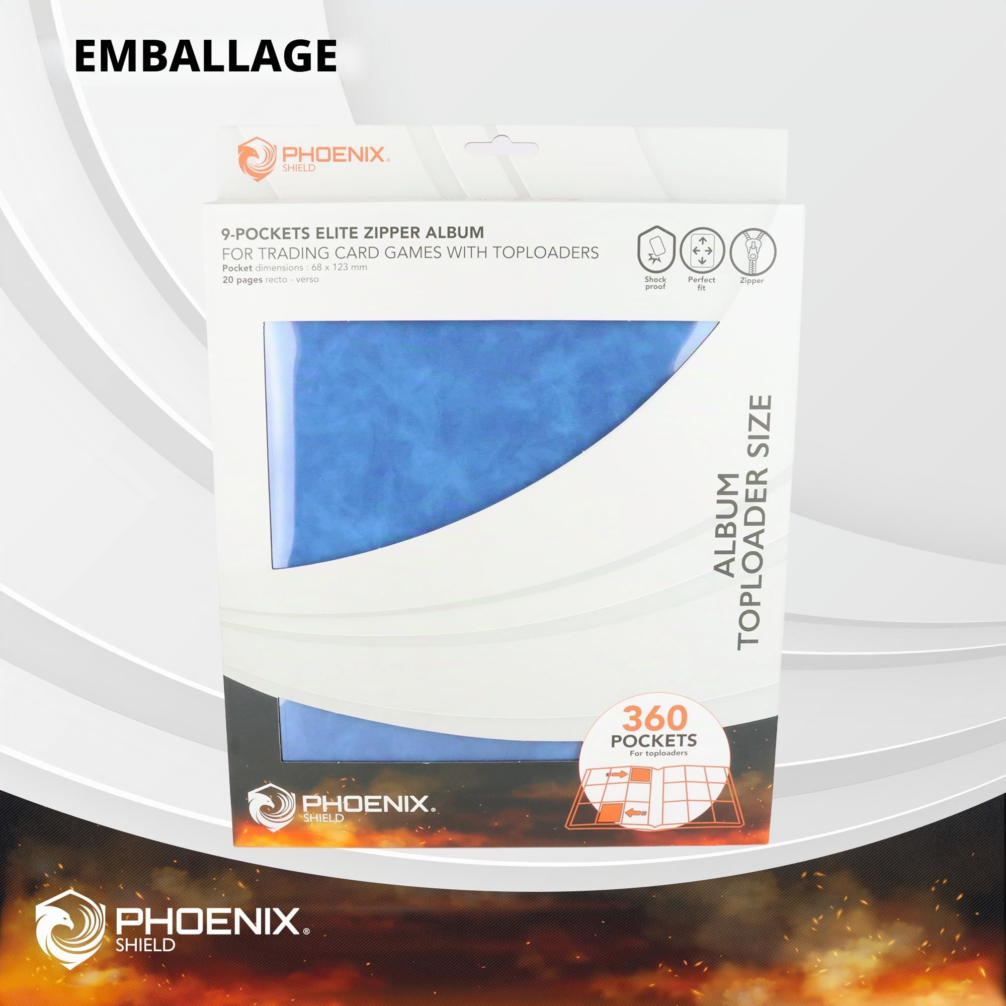 Phoenix Shield 69109 – Album Bleu effet cuir 9 pochettes pour cartes en toploader (360 cartes) – Classeur rigide à fermeture éclair avec ouverture latérale