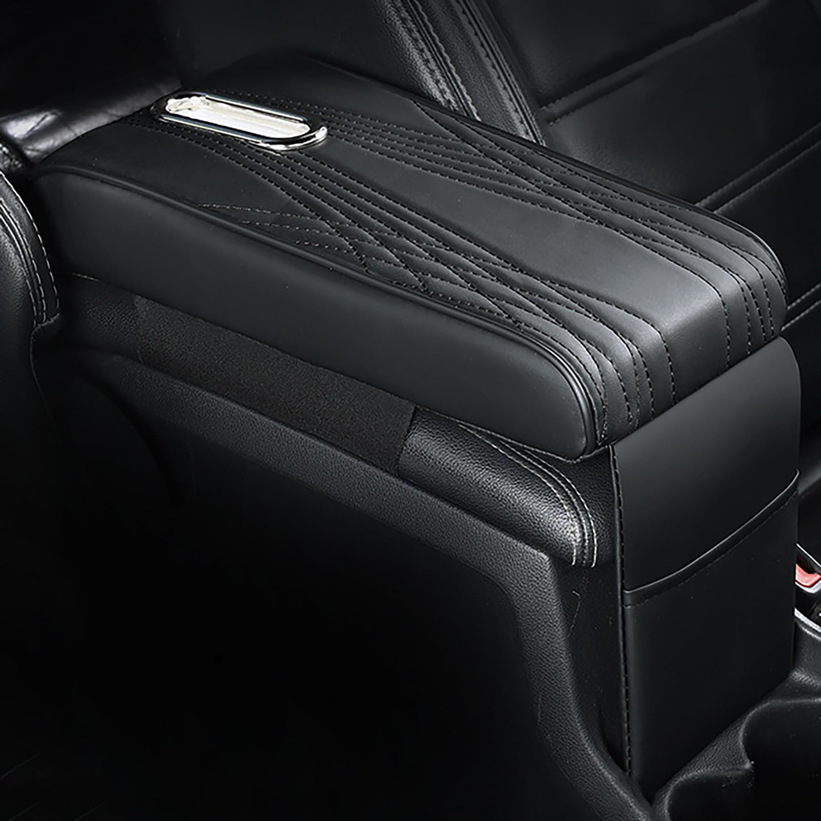 Sandfren Universal Car Center Console Cover - Leather Armrest Pad With 2 Side Pockets, Coffee Color