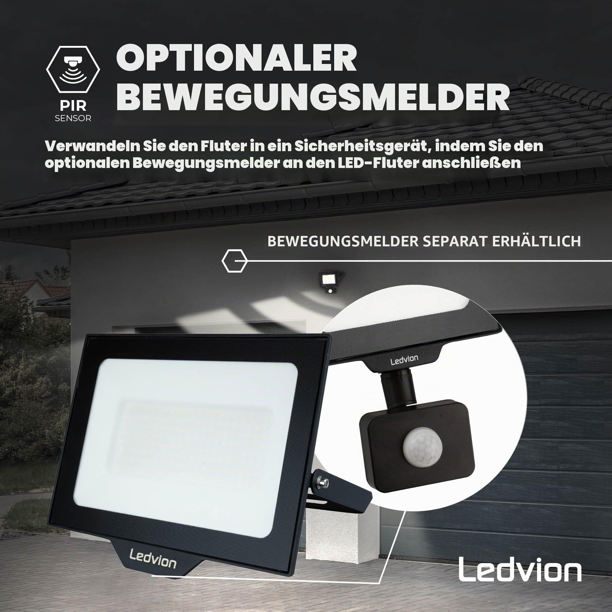Ledvion LED Strahler, Inkl. 0,5M Kabel, 200 Watt Osram LED Strahler, 6000K Weitstrahl, 24000 Lumen Arbeitslicht, Außen Strahler IP65 wasserdicht, Weitstrahl mit Schnellkupplung