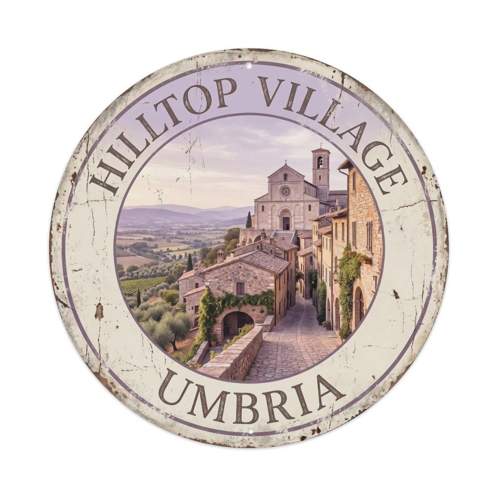 Vintage Travel Hilltop Village Umbria Metal Tin Sign Plaque Wall Decor for Cafe, Club Bar, Office, Home Garden Round Metal Poster 8x8Inch