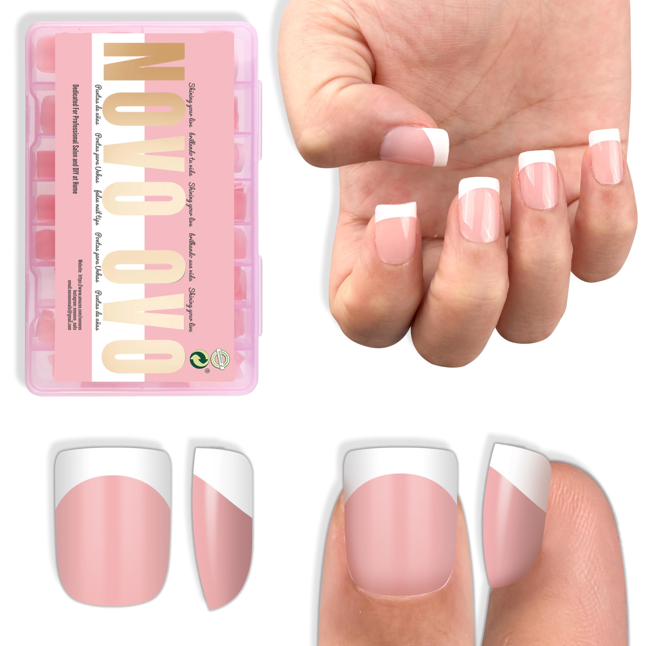 NOVO OVO Extra Short White French Tip Nail Tips, XS XXS Square Round BABY PINK, for Wide & Short Nail Beds