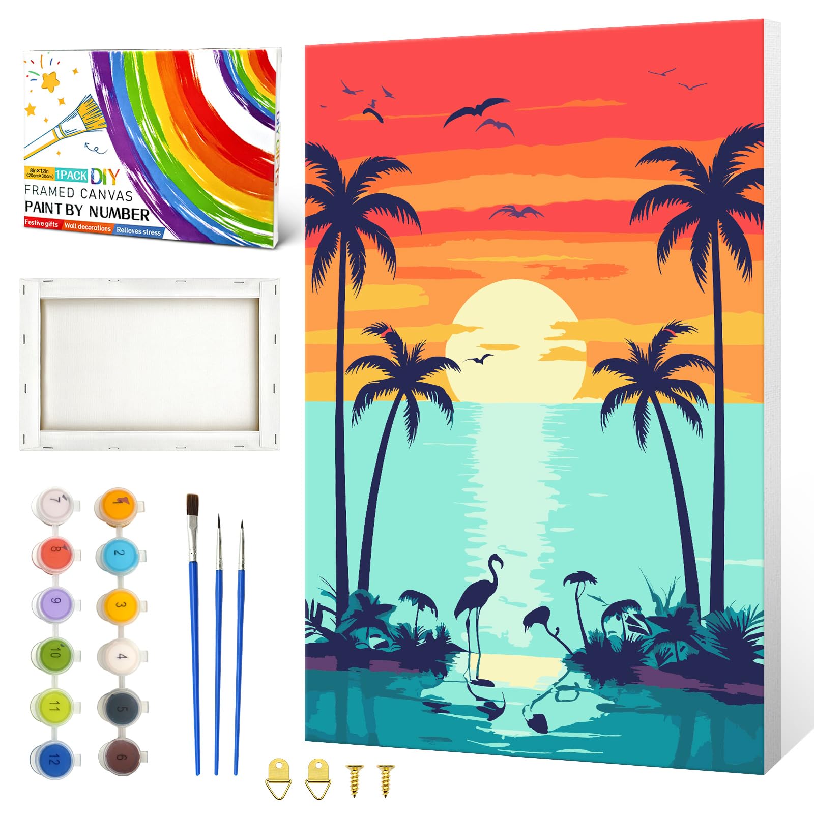 ZTOTZ Paint by Numbers Kit for Adults Beginners,Easy Sunset Framed Painting by Numbers, Kids Mini Paint by Number Kits Age 8-12 for Home Wall Decor(Flamingo and Palm Tree)
