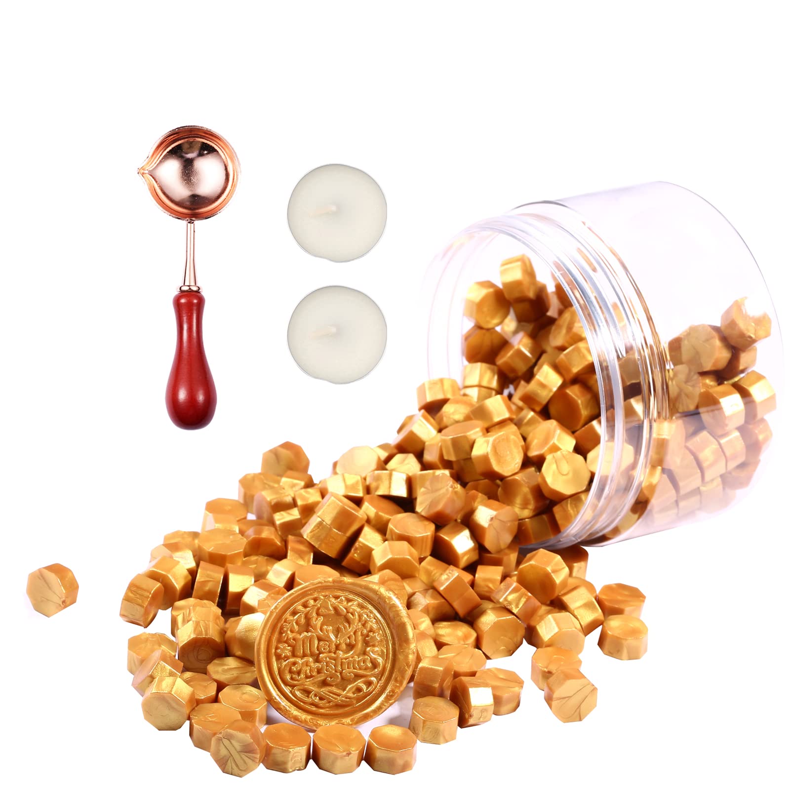 Comealltime 248-Piece Sealing Wax Set, Gold Octagonal Sealing Wax Beads with 2 Tea Lights and 1 Melting Spoon, Wax Seal Stamp