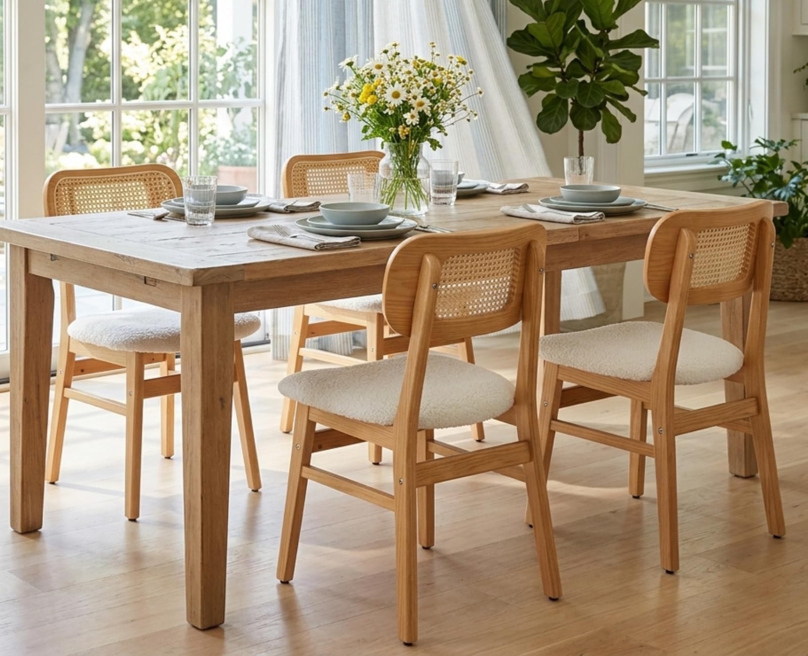 Mid Century Modern Curved Back Rattan Dining Chairs Set of 6 Sherpa Cream image 3