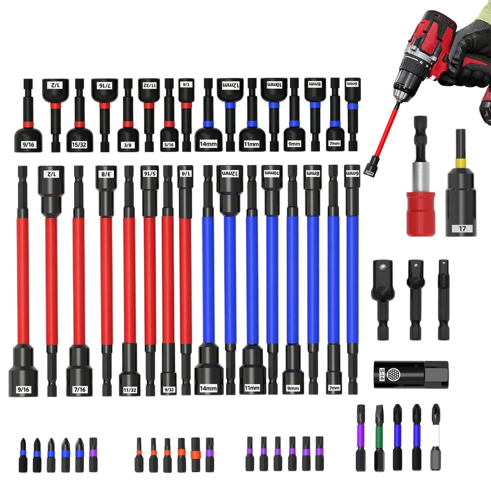 Magnetic Nut Driver Set High Torque Sockets, 62 Piece Drill Bit Adapter | Mocny uchwyt magnetyczny, zestaw narzędzi do naprawy samochodów, prac budowlanych, domu, garażu