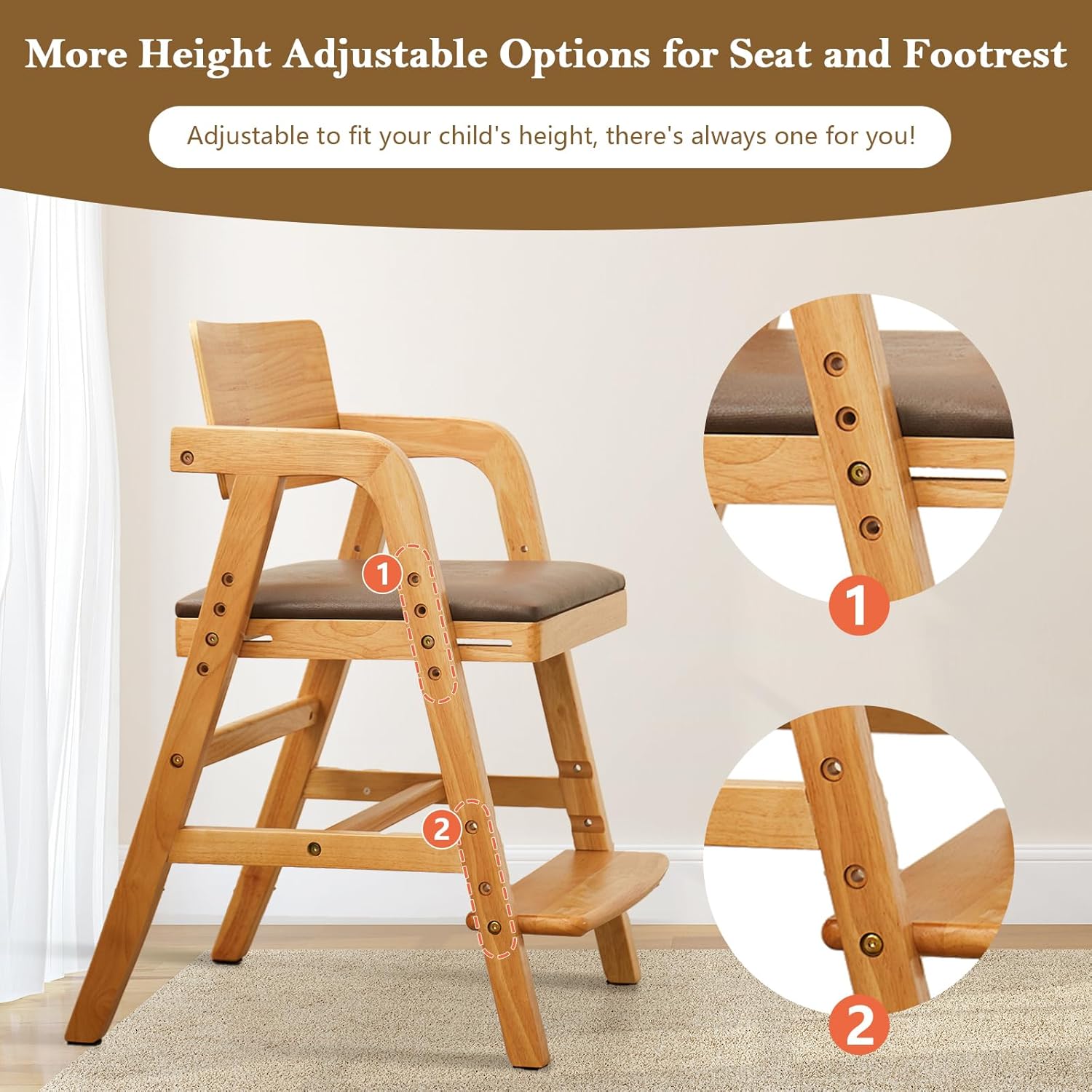 Solid Wood High Chair for Toddlers to Teens, Adjustable Height Toddler Dining Chair, Easy to Clean Toddler Highchair with Removable PU Cushion for Dining, Studying, Step Stool, Natural