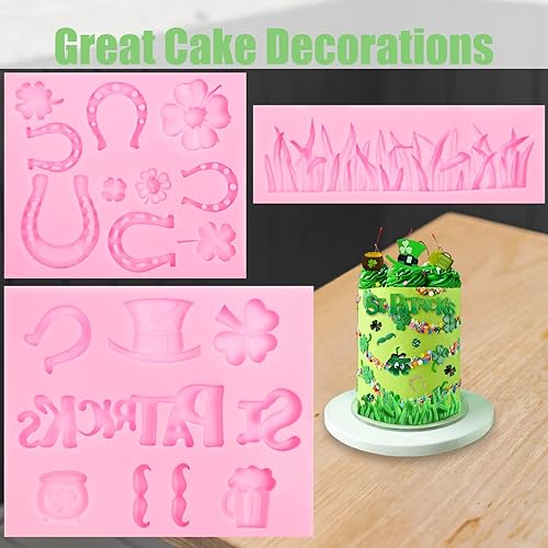 Miniatura 6 de Moldes de silicona de trébol de cuatro hojas 3 piezas trébol zapatos de caballo sombrero trébol barba fondant molde para decoración de pasteles