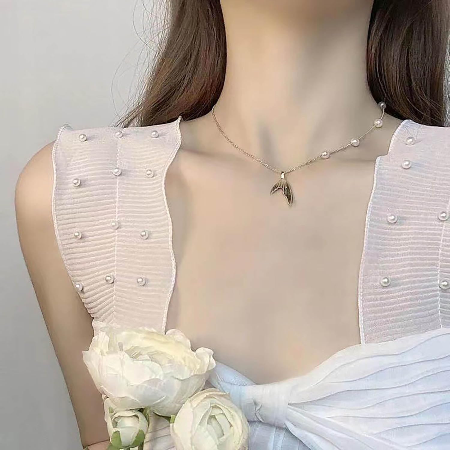 Bohemian Mermaid Fishtail Choker Necklace Gold Pearl Fishtail Pendant Necklace Pearl Station Box Chain Necklace White Pearl Collar Necklace Jewelry for Women Gifts - Image 5
