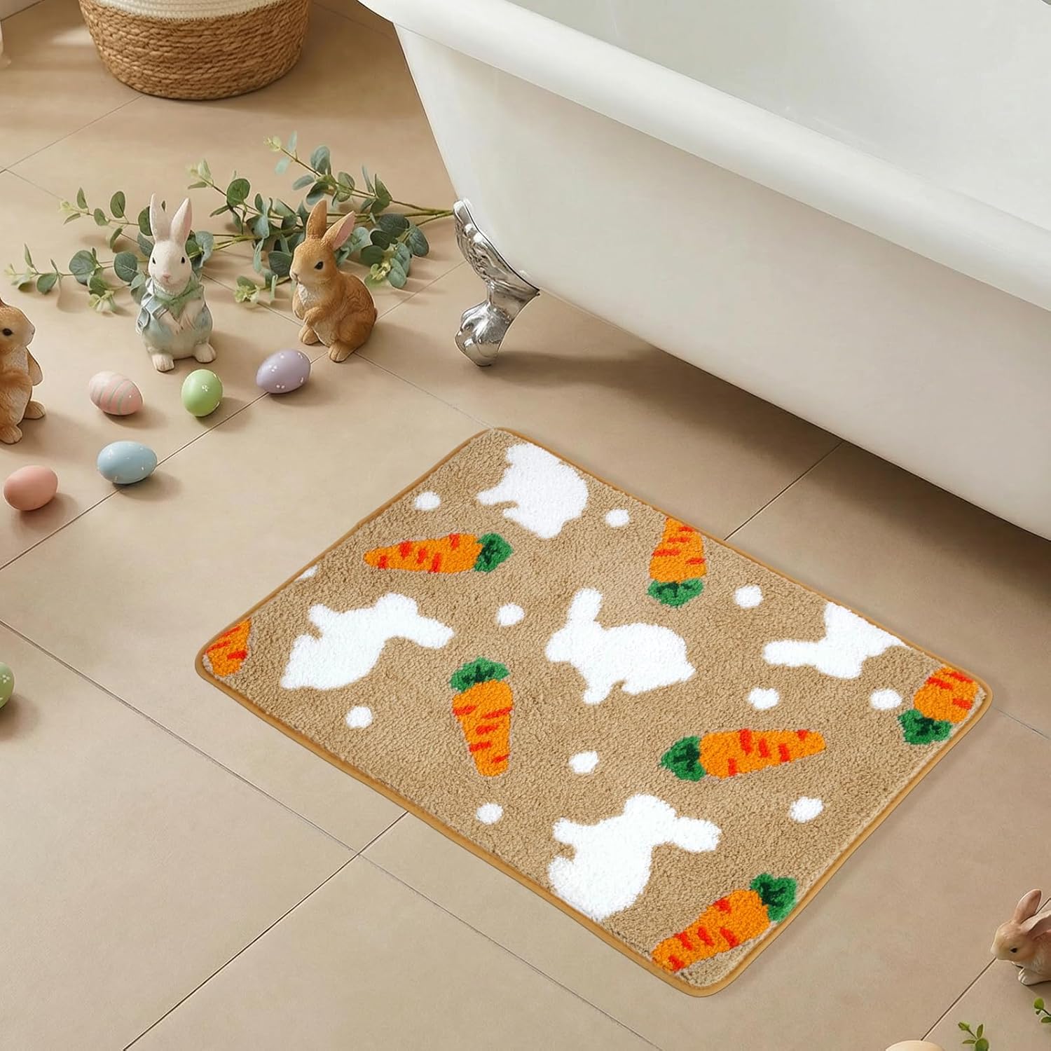 Moutina Easter Carrots Bunny Bathroom Rug 20x32 Inch, Spring Soft and Absorbent Tufted Easter Bath Mat Non Slip Washable, Farmhouse Bathroom Decor Rug Earthy Yellow Decorations