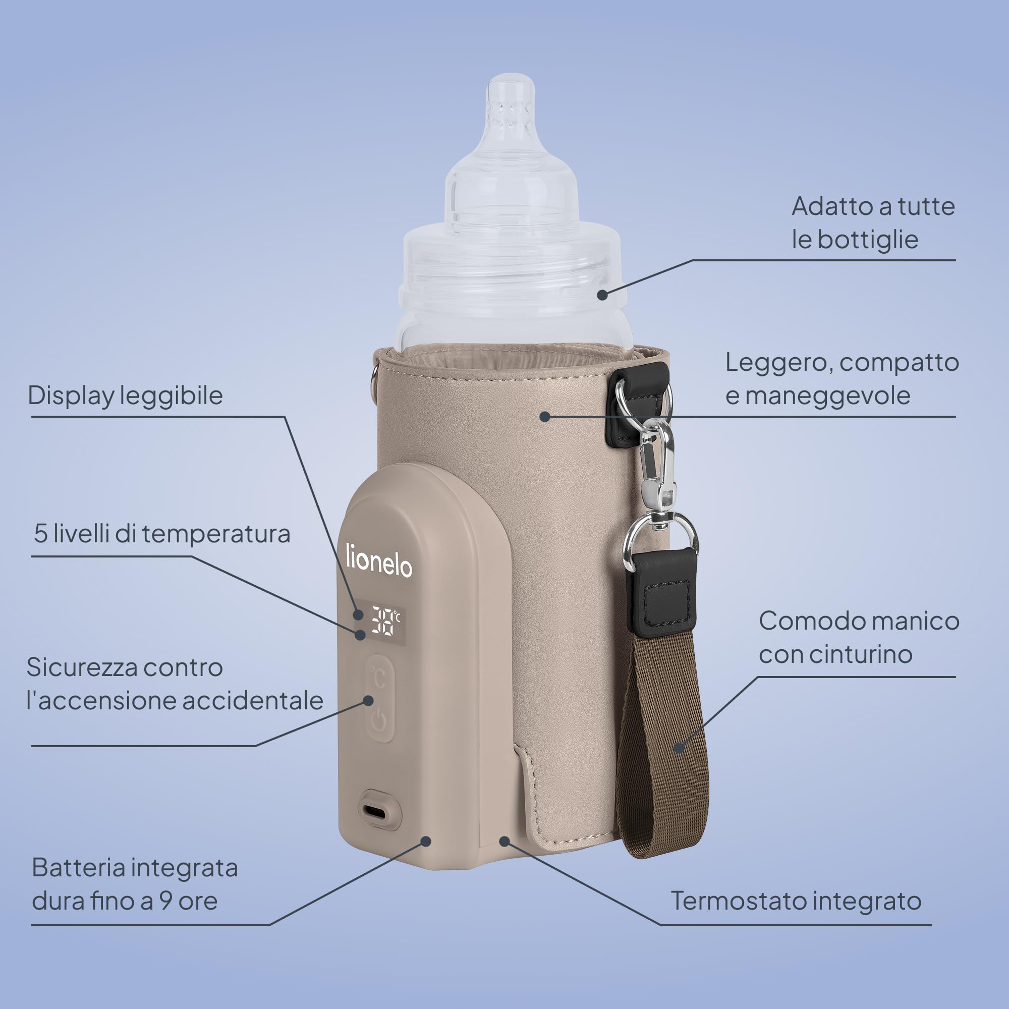 LIONELO Thermup Go Evo Scaldalatte Portatile per biberon per Neonati, Mantiene Liquidi caldi, 5 Temperature operative da 38 a 50°C Ricarica USB-C, Fino a 9 Ore di Funzionamento