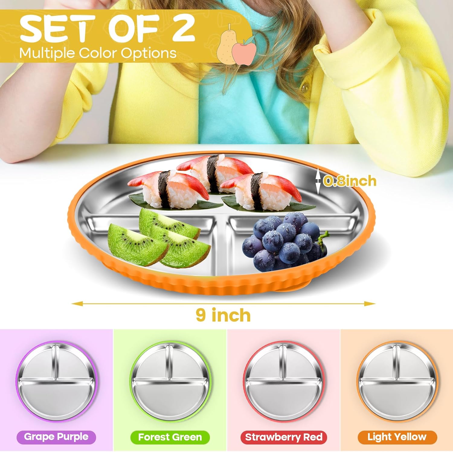 Stainless Steel Kids Plates with Suction, 2Pack 9" Divided Toddler Plates Removable Non Slip Silicone Sleeves Baby Feeding Led Weaning Supplies, BPA Free, Unbreakable Dishwasher Safe - Image 2