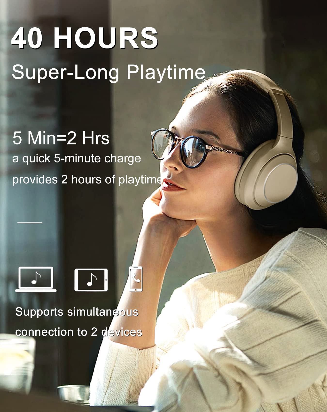 Cuffie wireless Bluetooth over-ear, 40 ore di riproduzione, cuffie wireless con microfono, cuffie pieghevoli leggere con suono stereo Hi-Fi, per viaggi e lavoro (beige)