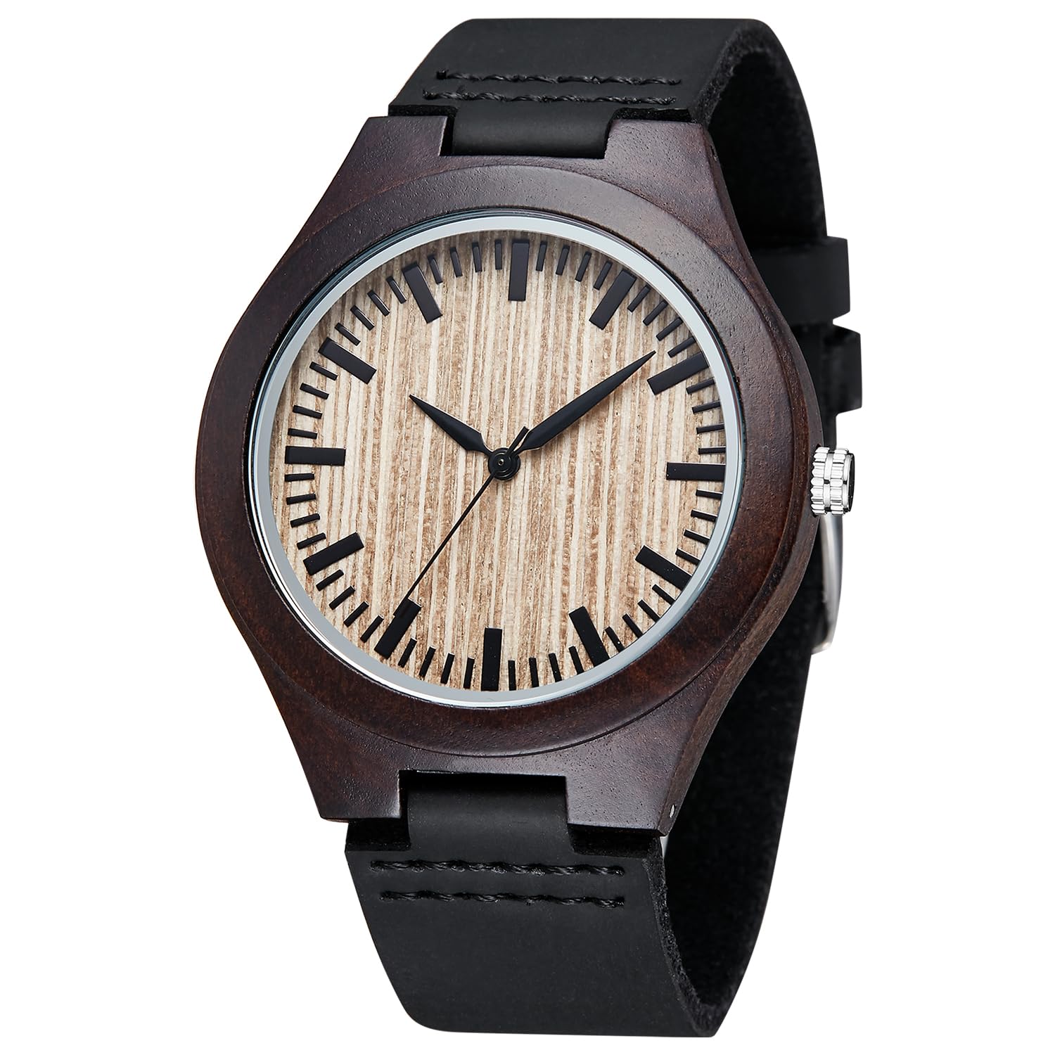 Tiong Orologio da uomo in legno naturale scuro e chiaro, con cinturino in vera pelle, ecologico, casual, al quarzo, con quadrante in legno minimalista, regalo unico per uomo