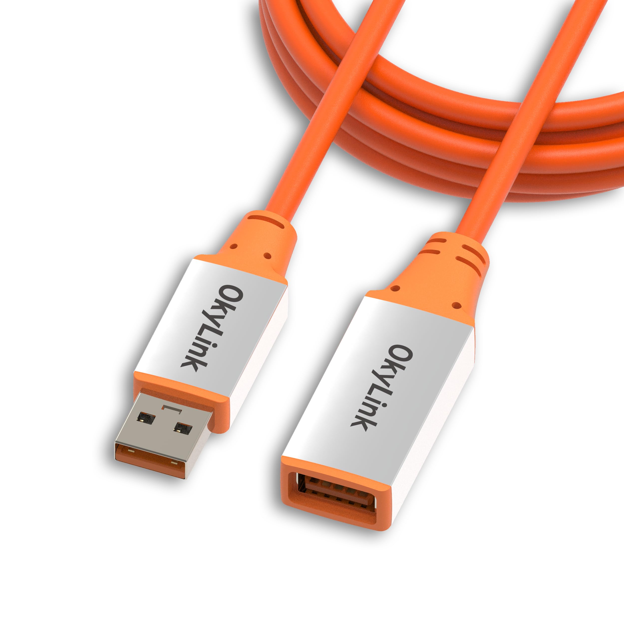OkyLink 3M Aktywny kabel przedłużający USB 3.2 Gen 2 z wbudowanym wzmacniaczem sygnału – 10 Gbps, pomarańczowy kabel i biała obudowa aluminiowa