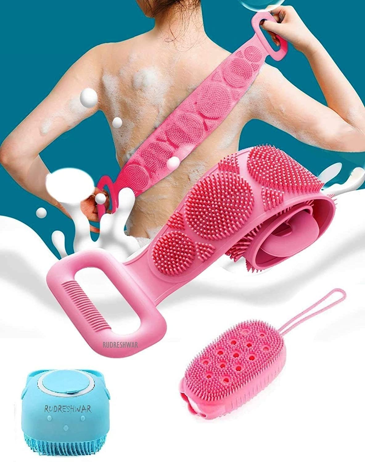 Zero To Infinity Store Silicone Bath Body Brush, Bath Brush Scrubber Belt, Bubble Brush, Silicone Soft Cleaning Brush Shampoo Dispenser Multi Color (Combo 3)