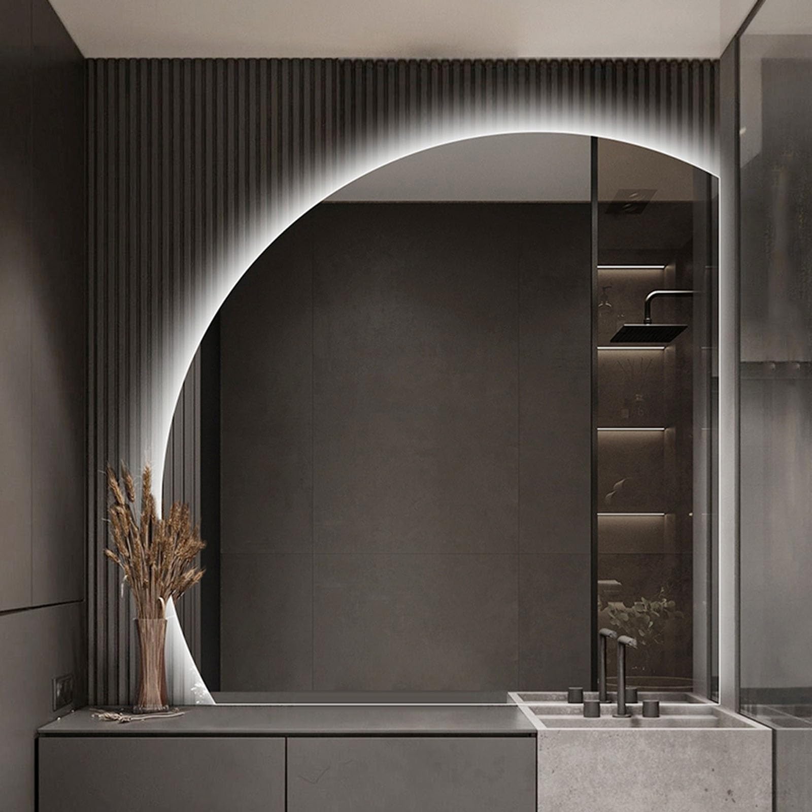 SXFSDOU 40in 32in Backlit Smart Bathroom Mirror with 3-Colors LED, 36in 28in Dimmable Anti-Fog Frameless Half Moon Wall Decorative for Bedroom Vanity(Right Under Cut,28inch/70cm)