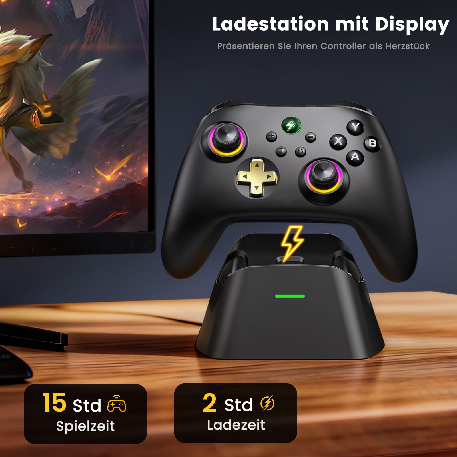 HELLCOOL PC Controller mit Ladestation – 2,4 GHz Wireless PC Gamepad mit Hall-Effekt Joysticks&Trigger, Kein Stick-Drift, 1000Hz Polling Rate, Ergonomisch, kompatibel mit Windows PC/Switch/Android/iOS