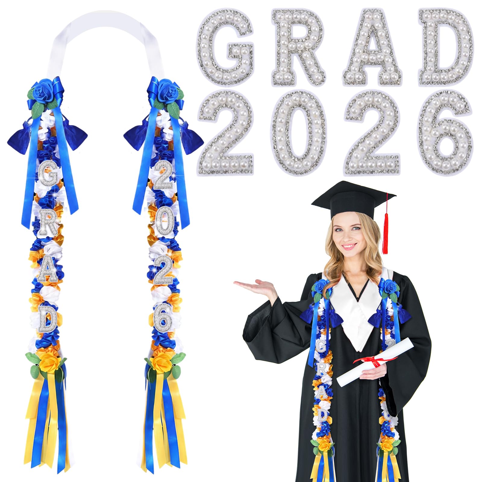 Photo 1 of 102" Flower Graduation Leis with Pearl Letters Patches Triple Braided Class of 2026 Pearl Graduation Ribbon Money Lei Necklace for High School College Senior Gift Grad Party Accessories(Orange Blue)