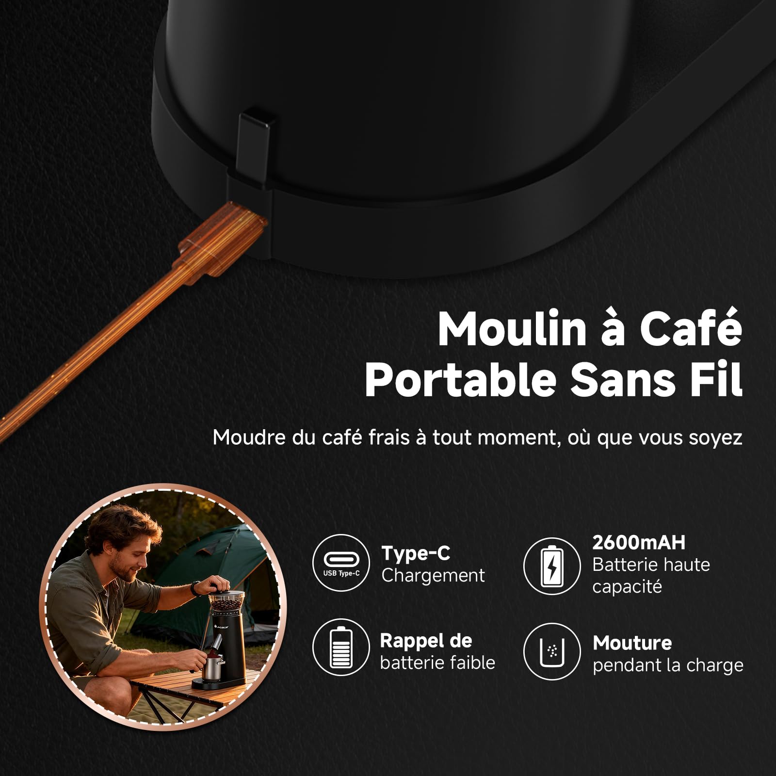 AAOBOSI Moulin à Café Electrique, Machine a Café Grain Portable 110W, Batterie 2600mAh, Broyeur Cafe Grain de 60 Réglages de Mouture Individuels, avec Porte-filtre pour Machine à Café Espresso