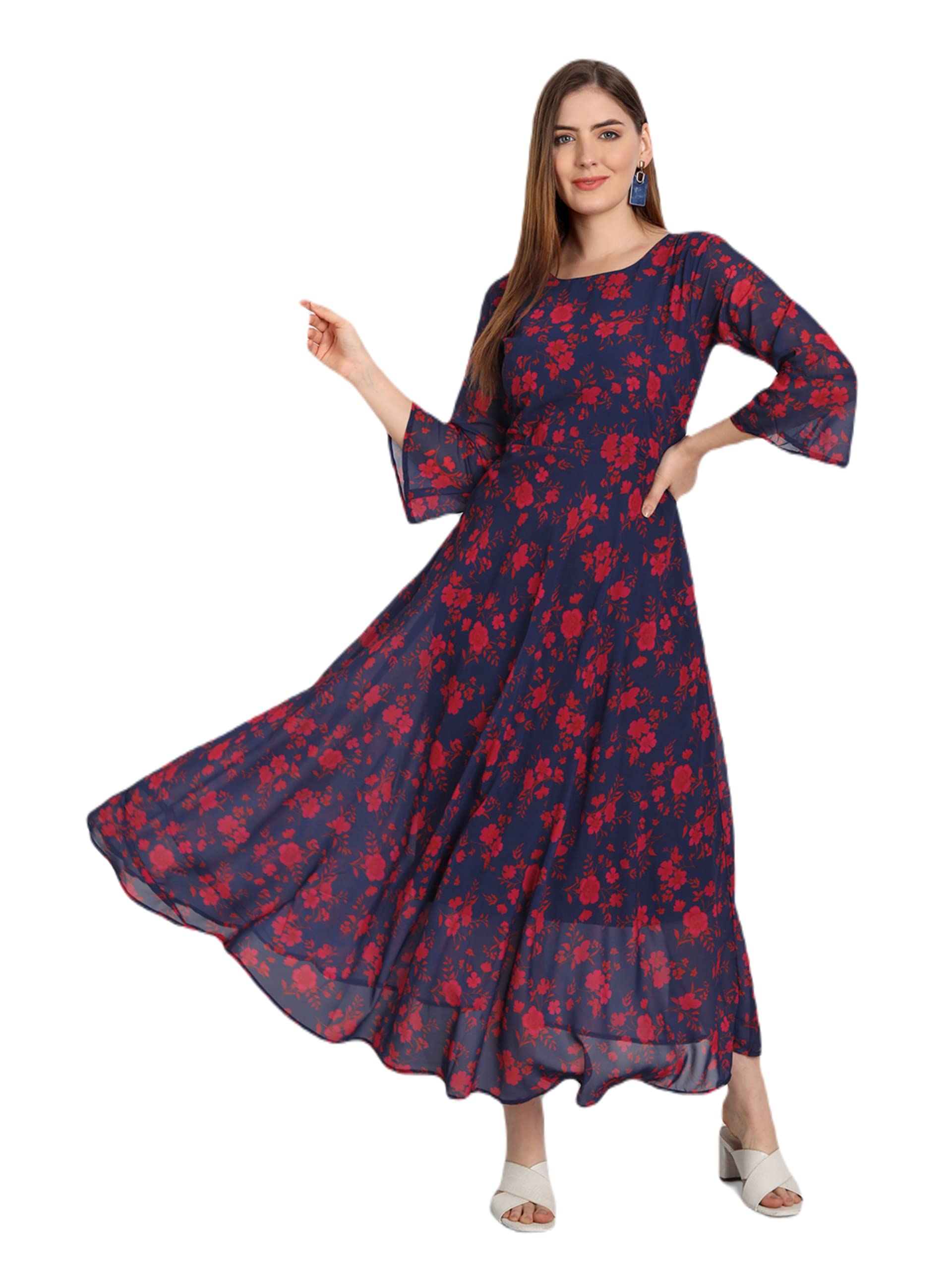 DHANERIWomen's Floral Georgette Standard Regular Fit and Flare Casual Knee Length Western Dress (D_E_1025)