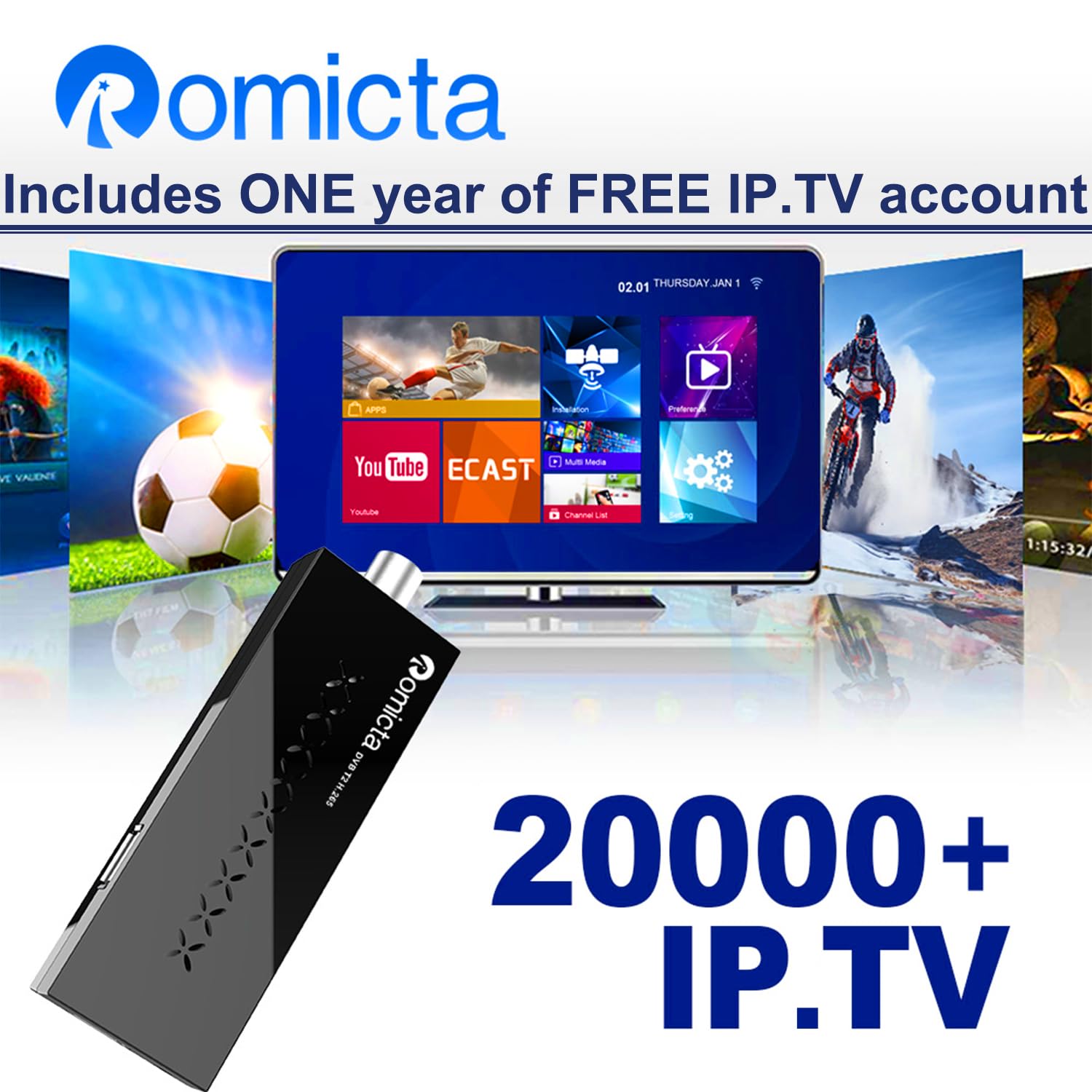Romicta Decoder DVB-T2, Decoder Digitale Terrestre 2024 con 1 Anno di lP.TV Gratuito, Sintonizzatore DVB-T2 HD HDMI, Risoluzione 1080P H265 HEVC a 10 bit, Supporta USB, WiFi, PVR, LCN,YouTube e Tiktok
