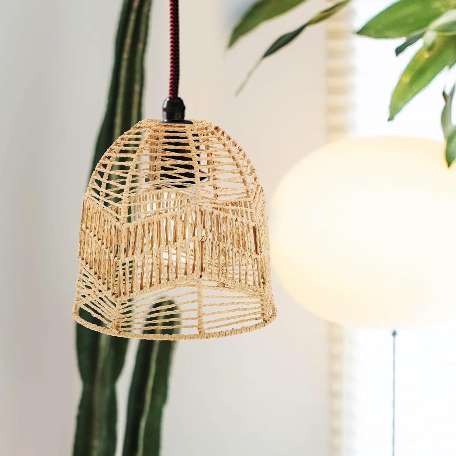 Rattan Lamp Shade, Boho Wicker Woven Pendant Light Lamp Shades Replacement for Chandelier, Floor Table Hanging Light
