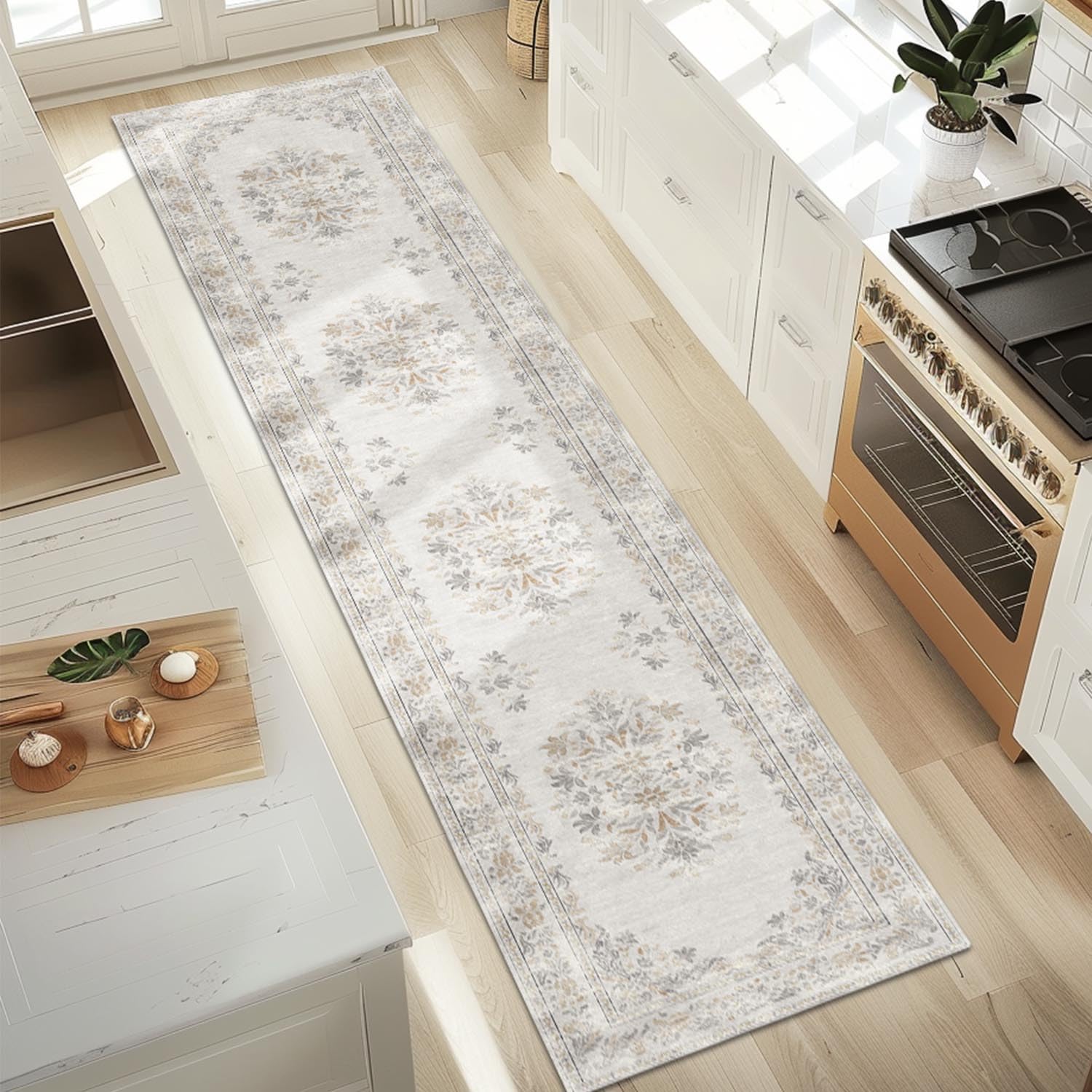 jinchan Hallway Runner Rug 2x10 Vintage Floral Distressed Design - Machine Washable Non-Slip Low-Pile Soft Thin Faux Wool Kitchen Carpet for Farmhouse