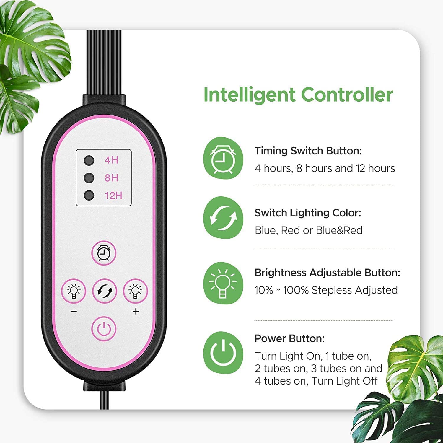 Luces de cultivo para plantas de interior, luz LED de crecimiento, 4 cabezales, lámparas LED de espectro completo para plantas, lámparas de cultivo de plantas con LED rojo y azul, soporte ajustable,