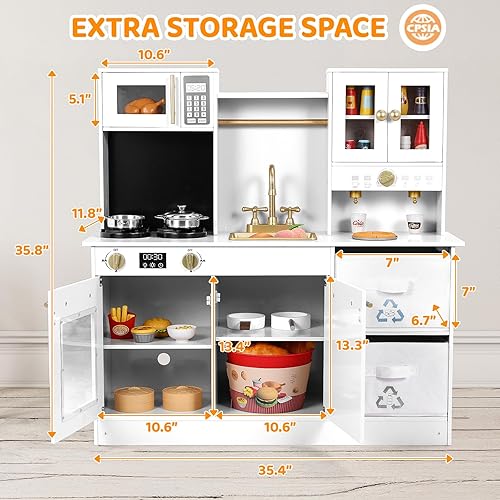 Miniatura 2 de Arlopu Cocina de juego para niños, cocina de juguete de simulación de madera, juego grande de cocina con utensilios de cocina, estufa con luz y