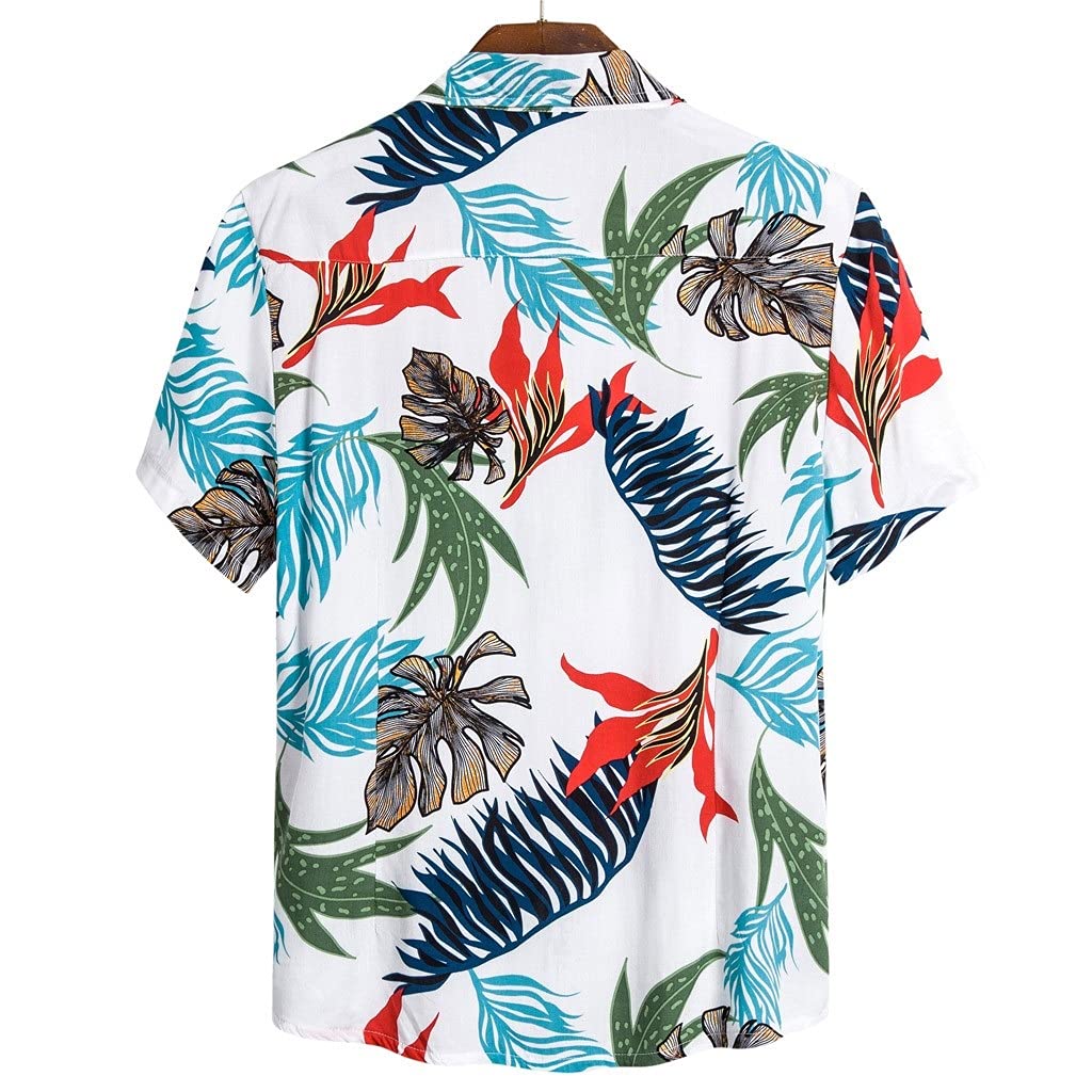 Ethnische Küstenhemden, Tropische Hemden, Blumenmuster, Sommer-Männeroberteile, lässiges Hawaii-Hemd, kurzärmlig, Baumwolle, Reversknopf (Farbe: Weiß, Größe: XXXL-Code)