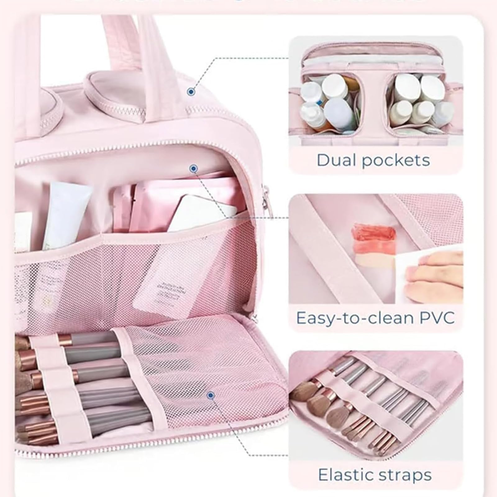 Kosmetyczka o dużej pojemności, szeroko otwarta podróżna kosmetyczka, 4 w 1, puszysta, wielofunkcyjna kosmetyczka z uchwytem, na akcesoria, niezbędne przybory toaletowe