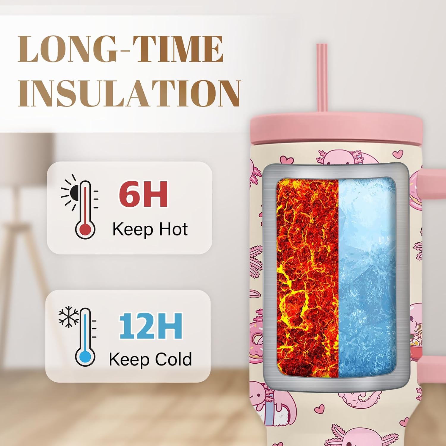 Axolotl Tumbler 40 Oz, Axolotl Gifts For Women, Cute Axolotls Tumbler With Handle, Birthday Gifts For Axolotls Lovers, Pink Insulated Tumblers Cup - Image 2