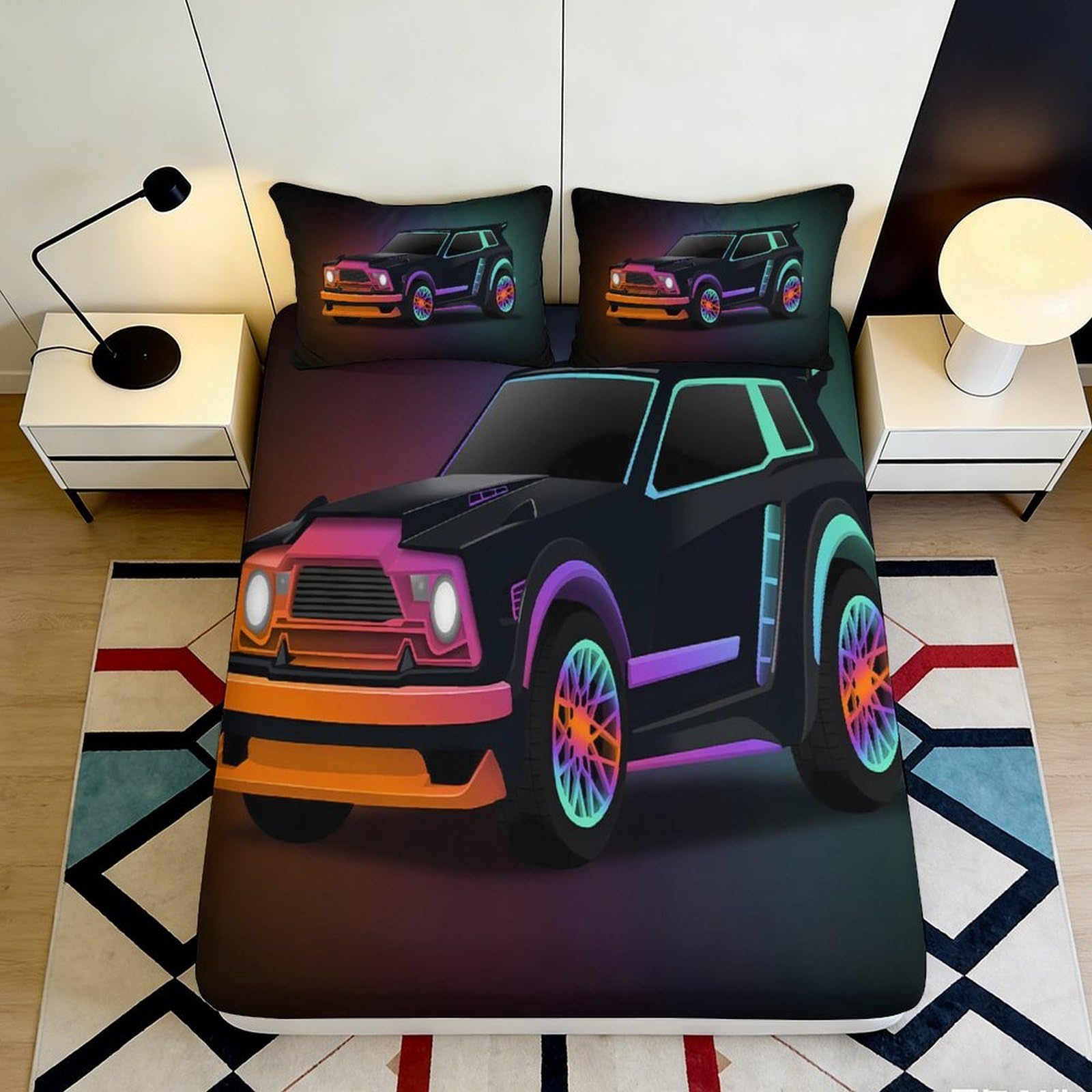 3D Printed Racing Car Fitted Sheet Microfiber Deep Pocket Non-Slip Racing Mattress Fitted Cover Elastic Wrap Washable for Adults Teens Bedroom Set 140x200x25cm
