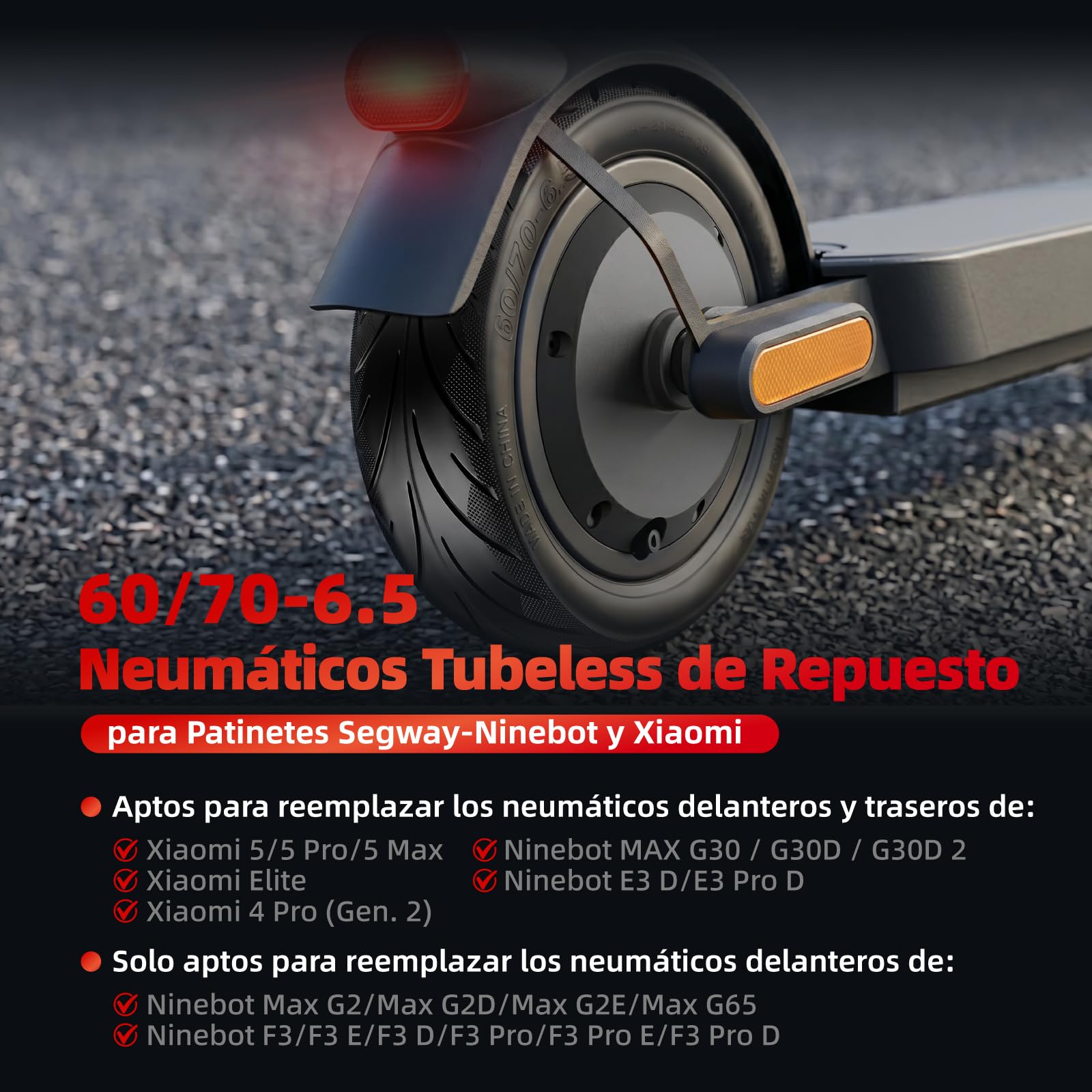 Neumático sin cámara 60/70-6.5 con válvula para Segway Ninebot Max G30/G30D/G30D2 Scooter eléctrico, Rueda Patinete 10 pulgadas, Neumáticos de repuesto de alta elasticidad Antideslizante
