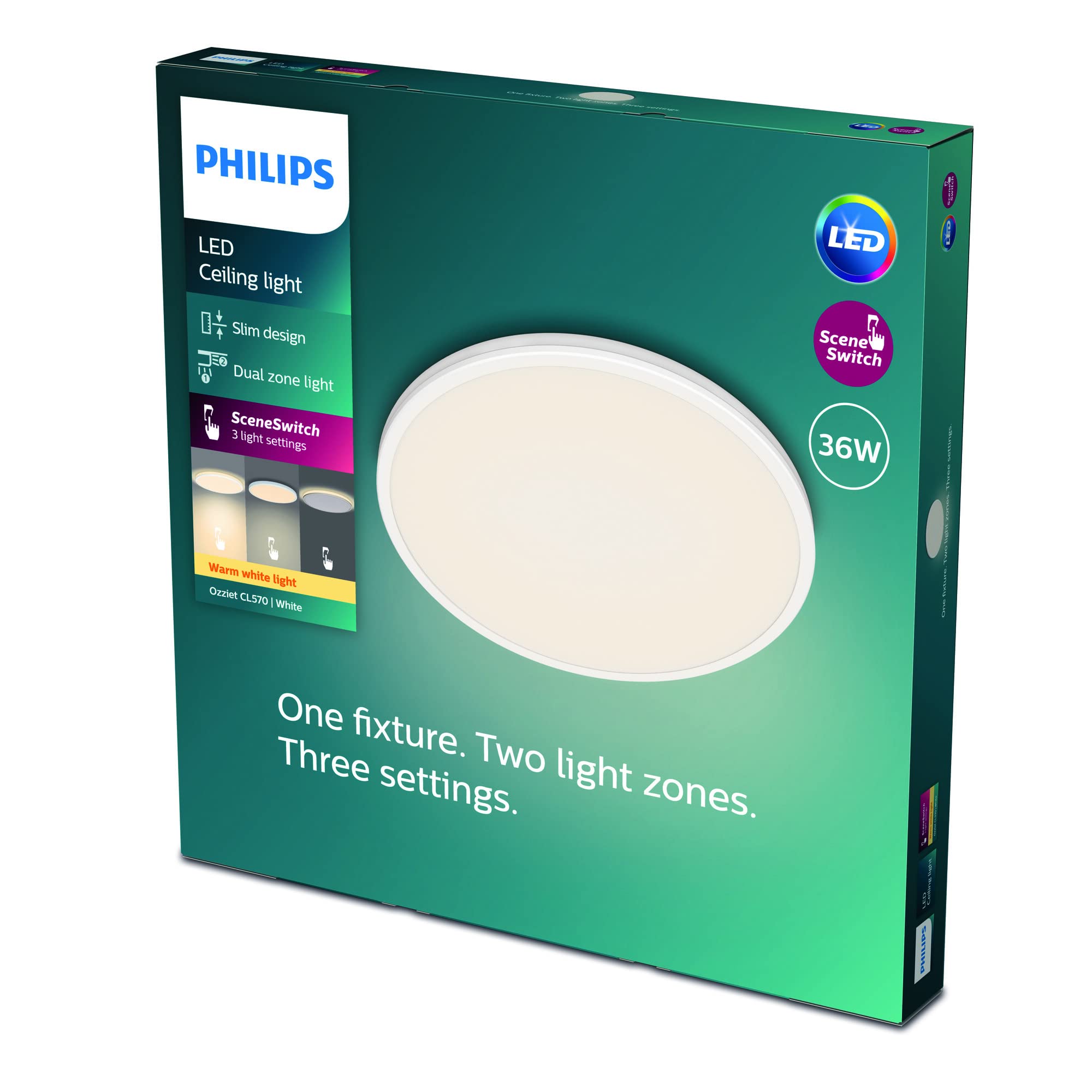 PHILIPS - Plafón Lámpara LED de techo Ozziet Negro 36W 2700K Luz Blanca cálida regulable con 3 ajustes de ambiente