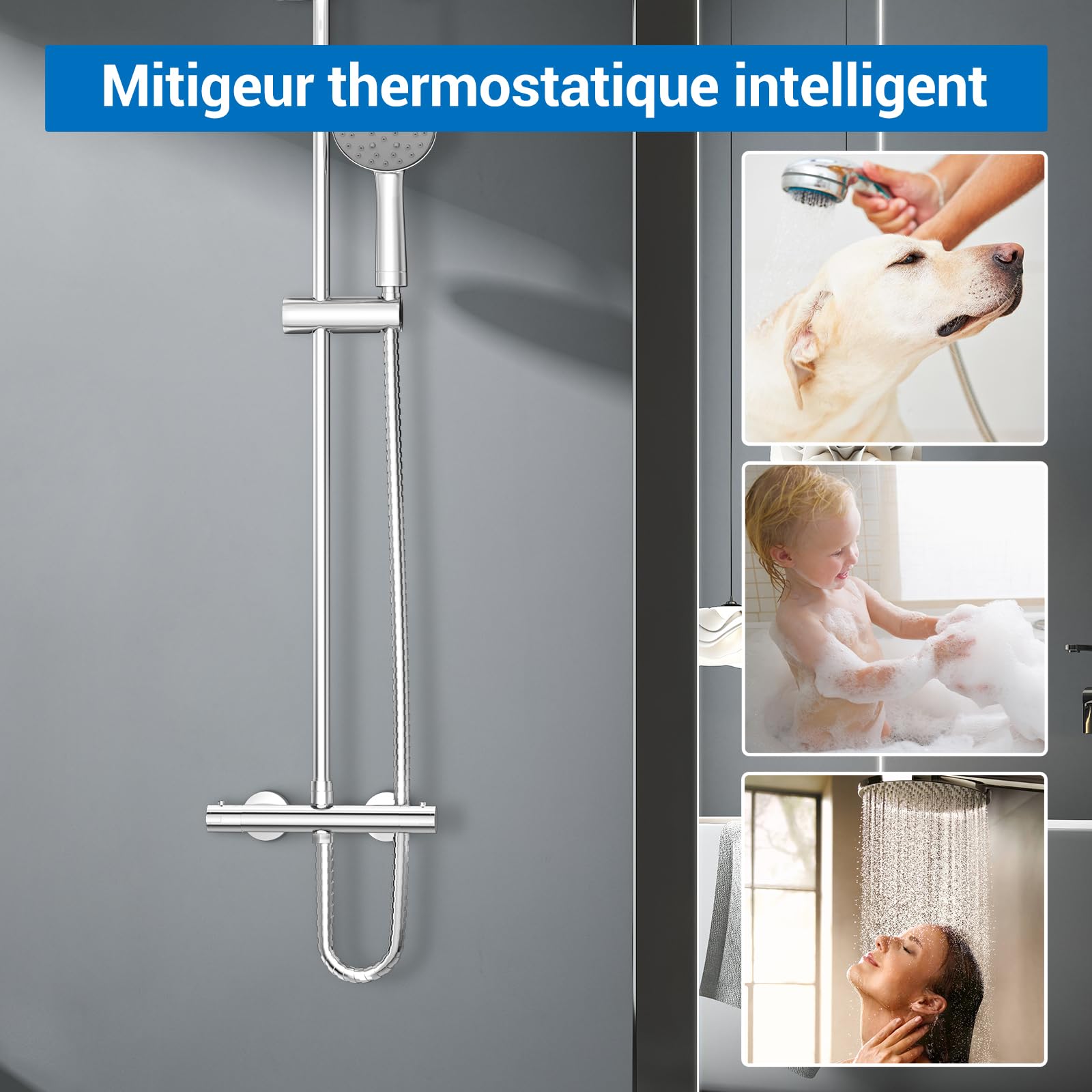 Grifo mezclador de ducha termostático con botón de seguridad 38 °C y 2 salidas altas G3/4" BSP(24 mm)+bajo G1/2" BSP(20 mm), antiquemadura, montaje en pared, latón, temperatura constante