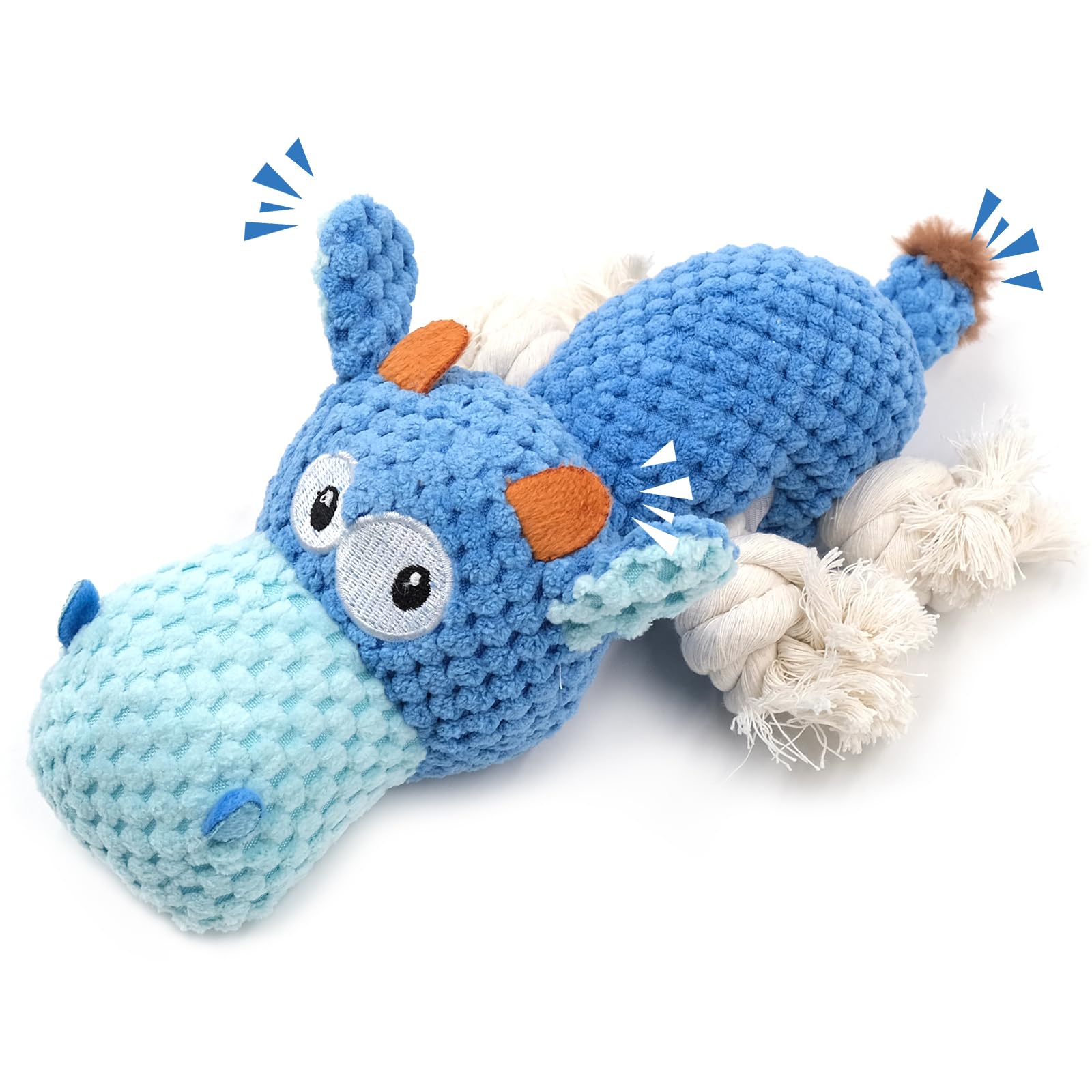 Zatix​bu Zatixbu Squeaky Dog Toys, Blue Hippo Dog Toy with Bite-Resistant Cord Limbs, Interactive Dog Toys for Small Dog with Crinkle Paper, Plush Soft Puppy Toy for Cuddling and Play